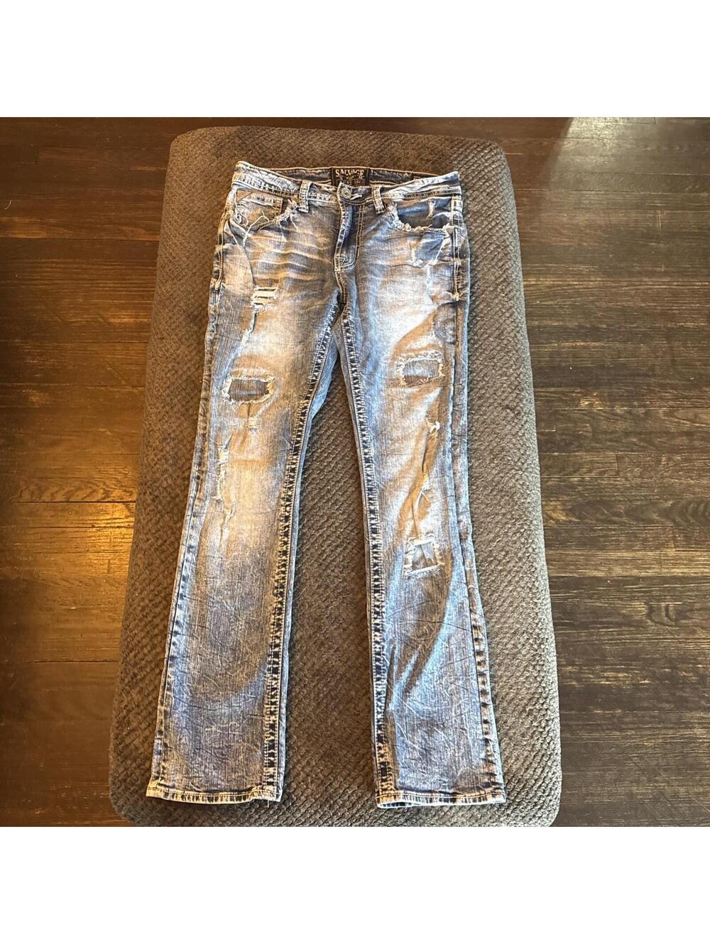 Vtg Y2K Salvage Supply Jeans Mens 30x30 Blue Slim Straight Havoc Stretch - Picture 6 of 13